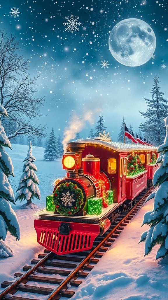 Christmas Train Wallpaper Aesthetic A whimsical Christmas train in a snowy landscape, decorated with lights, ideal for a festive wallpaper aesthetic.
